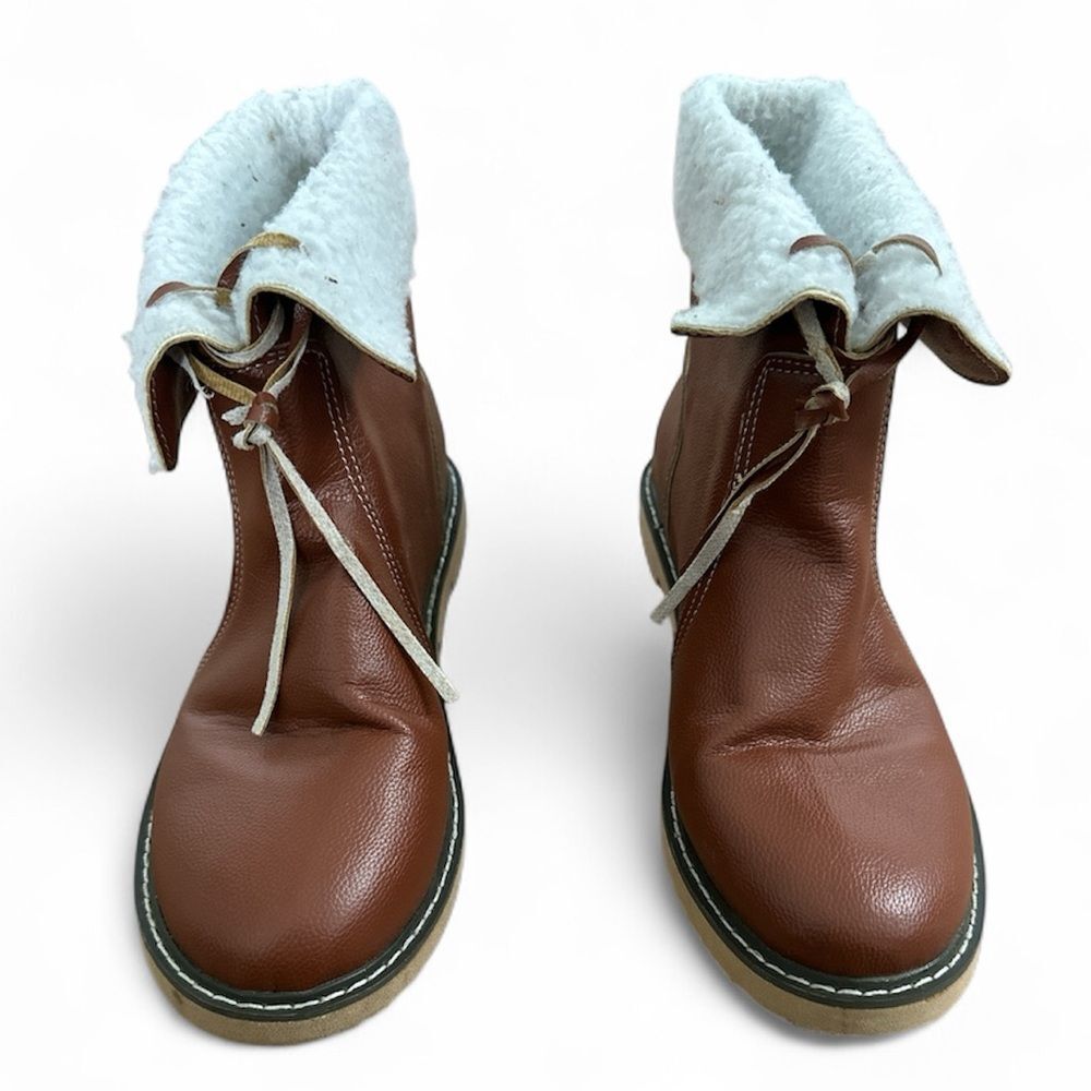 Brown Faux Leather Chukka Boots Size 8 Fleece Lined Fold-Top Ankle Boots vegan